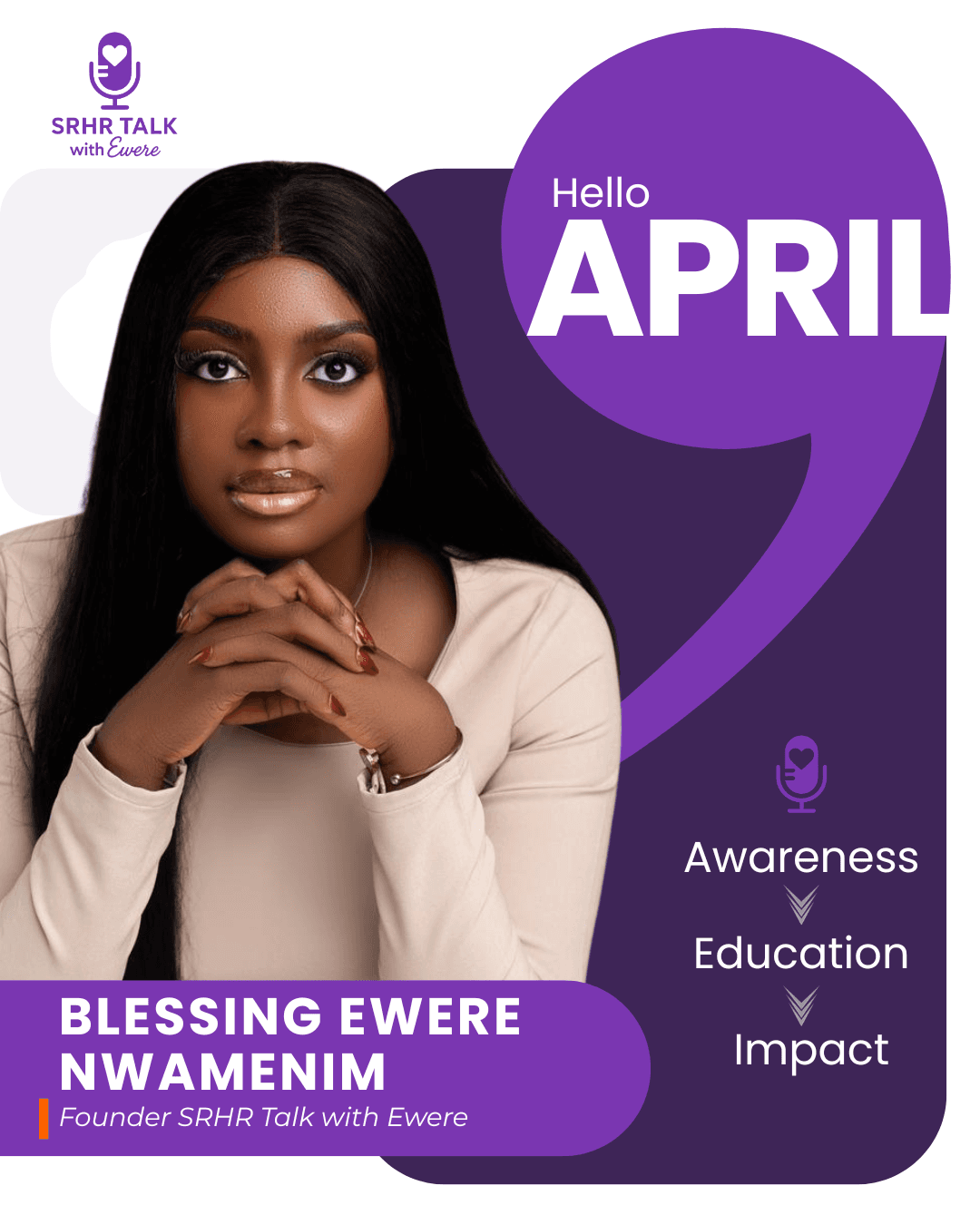 Founder portrait post saying Hello April with awareness education impact message.