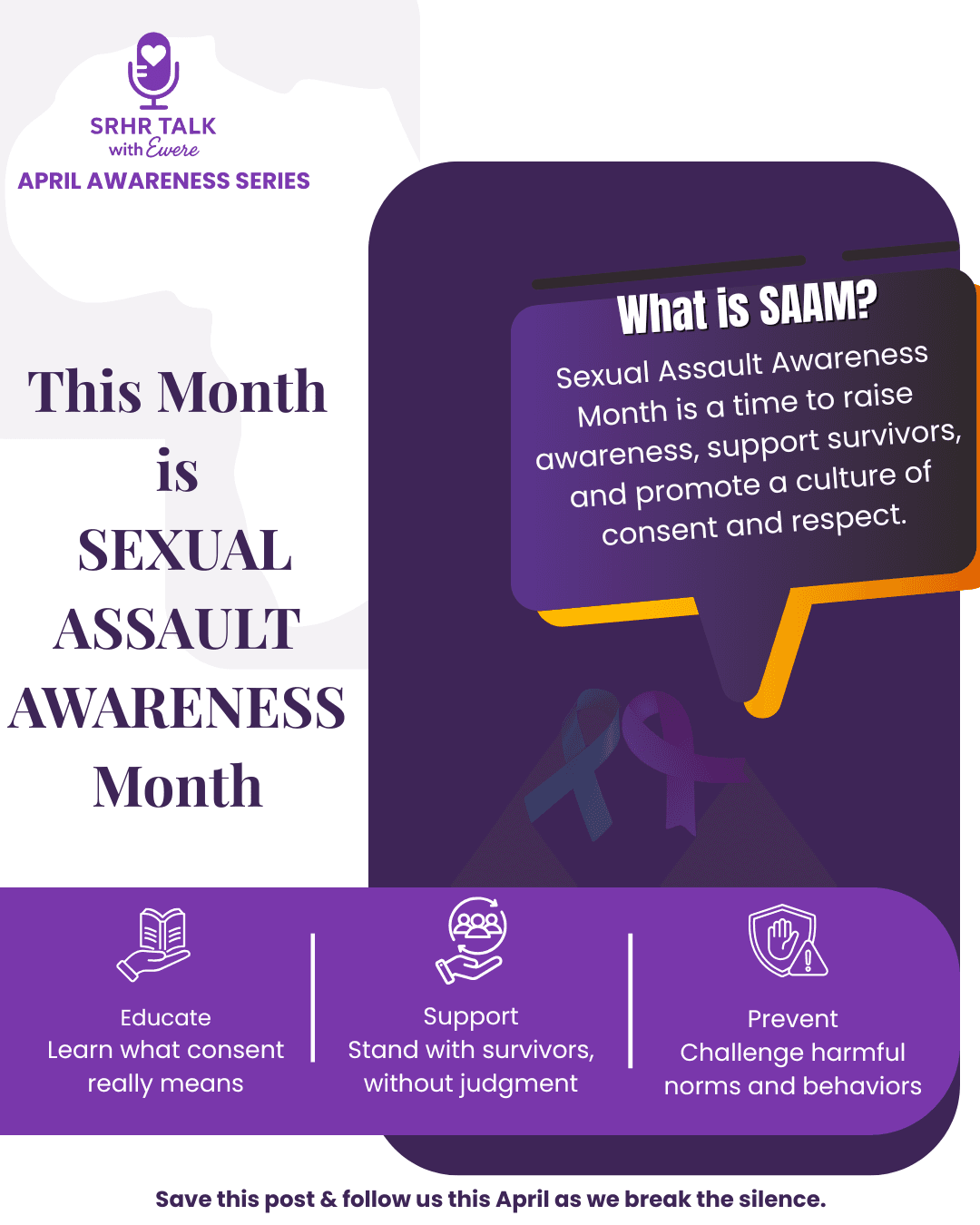 Purple April awareness series poster explaining Sexual Assault Awareness Month and prevention goals.